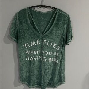 Awake Forest Green V-Neck Tee with Fun Text Medium